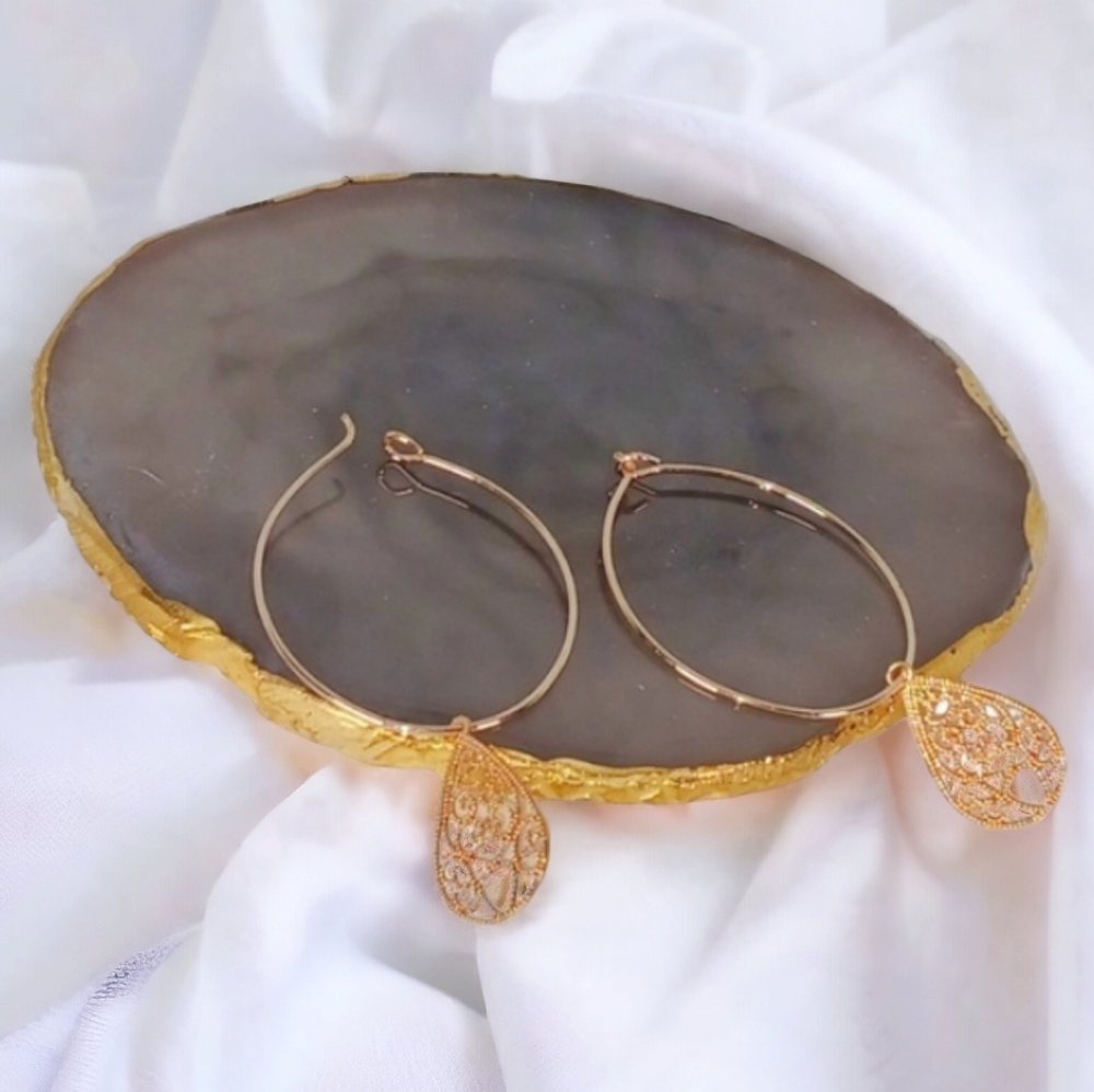 Rose Gold Disk Hoop Earrings with Tear Drop Charm Artisan Made Vintage Revival